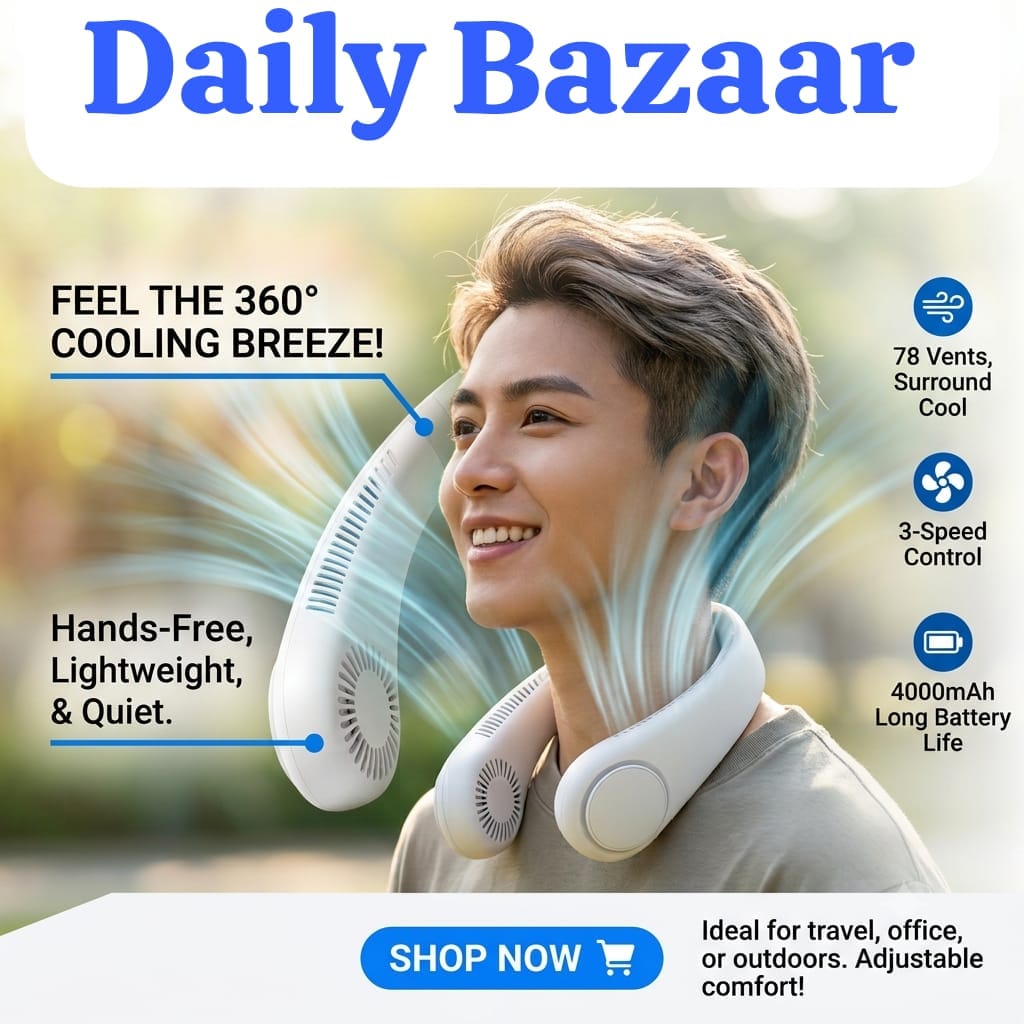 Portable Bladeless Neck Fan – Rechargeable Hanging Fan with 3 Speed Modes (IMPORTED)