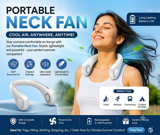 Portable Bladeless Neck Fan – Rechargeable Hanging Fan with 3 Speed Modes (IMPORTED)