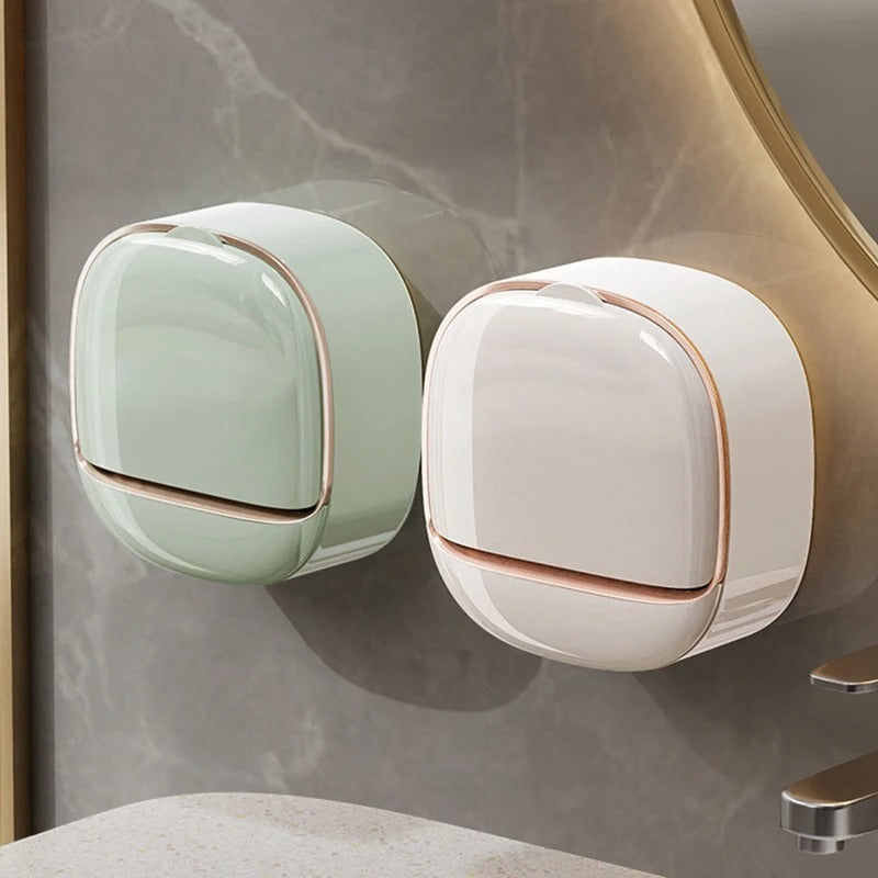 1PC Flip-Cover Soap Box – Wall Mounted Soap Dish with Automatic Drain – Elegant Punch-Free Soap Saver for Shower & Laundry